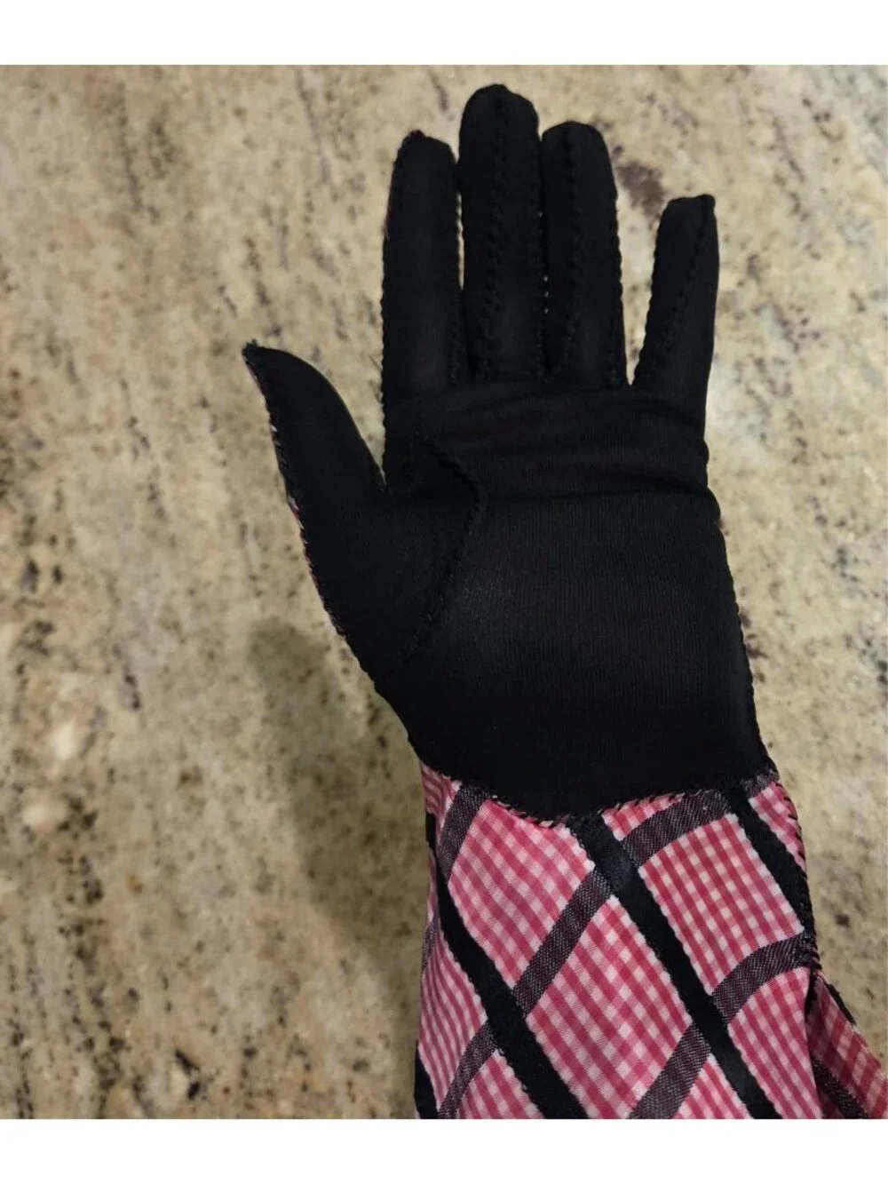 Vintage Womens Size L Pink Black Plaid Stretch Gloves Stretch *Hole Pinup